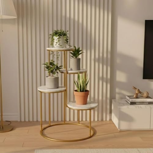 Image of Modern 4-Tier Plant Stand Indoor Metal & Wood | 60 cm Tall Multi-Level Flower Pot Stand | Heavy Duty Corner Plant Rack for Living Room, Balcony, Garden | Decorative Plant Holder for Indoor Use (White Gold)