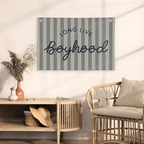 Image of Boys Room Decor, Long Live Boyhood Linen Banner Hanging Flag, Vintage Stripes Banner Nursery Playroom Kids Bedroom Dorm Toddler Decorations Trendy Room Decor, Gifts for Teens 30x20 boyroom