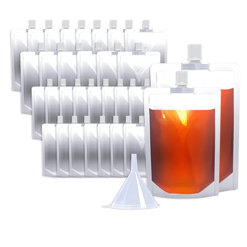 Cloudslucky 8&16OZ 30PCS Drink Pouches,Reusable Plastic Flask with Funnel for Drinking Liquid Beverage Juice,Stand Up Drink Bags for Travel Camping Outdoor Sport Concert Events,Leak-Proof Food Grade