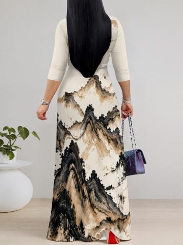 Image of Women's V Neck Floral Maxi Dress 3 /4 Sleeve Plus Size Boho Wrap Flowy Long Dresses with Belt
