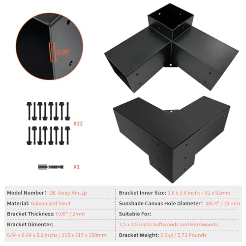Image of 3-Way Pergola Brackets Kit, DIY Right Corner Woodwork Brackets for 4 inch x 4 inch (Actual:3.5 inch x 3.5 inch) Lumber for Patio Pergolas, Gazebos, Log Cabin W /Hardware (2 Pack)
