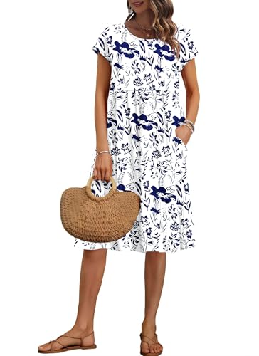AUSELILY Women's Summer Short Sleeve Knee-Length Loose Dresses with Pockets