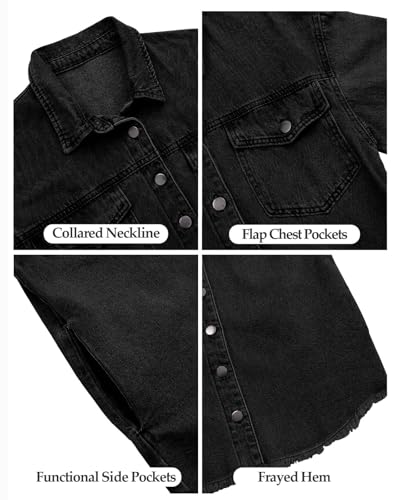 Vetinee Women's Womens Spring Jacket Oversized Boyfriend True Black Front Button Up Frayed Raw Hem Long Sleeve Pockets Denim Jean Jacket Shacket Large Size 12 Size 14