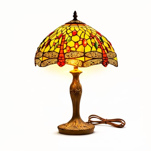 Tiffany Style Table Lamp 12 Inch – Stained Glass Dragonfly Bedside Lamp, Vintage Antique Bronze Base, Warm Ambient Lighting for Bedroom Living Room Desk (E27, 48cm Height)