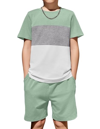 Image of Arshiner Boys' 2-Piece Cotton Outfit Color Block T-Shirt and Shorts Set Summer Camo Clothes for Kids 5-14 Years