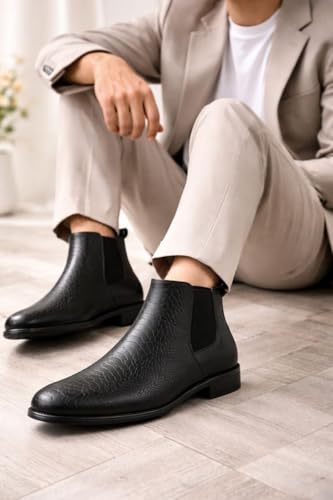 Image of Men's Leather Chelsea Boots | Ankle Boots with Textured Finish Formal & Smart Casual Boots | Comfortable Fit, Trendy, Stylish Boots | Leather Boots for Office /Fashionable