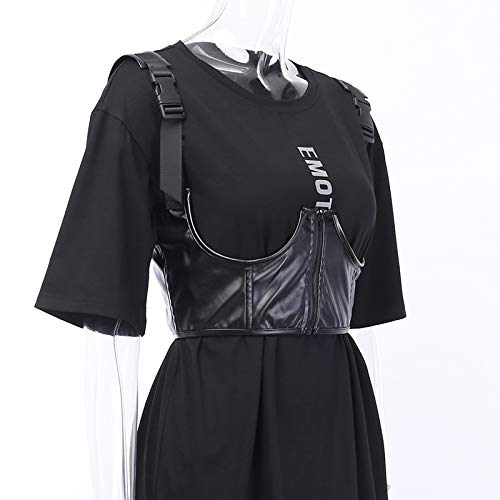 Women's Pu Leather Bustier Crop Top Gothic Punk Buckle Tank Tops Camisole Corset For Club Party Festival Rave Outfit Black #TOP6