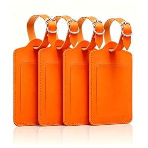 4 Pack Orange Leather Luggage Tags, Suitcase Tags with Personal Information Card & Privacy Flap, Travel Bag Tags for Suitcases Backpacks Handbags Strong Durable, Gifts for Travelers