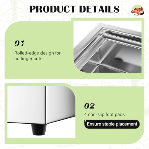 Ice Food Serving Display Tray with Clear Roll Top Cover, 1 x 1 Pan Stainless Steel Cold Food Buffet Condiment Dispenser Display Rack with 1 Clip & 2 Ice Trays for Restaurant Hotel Kitchen Party by Nessxa - Image 4