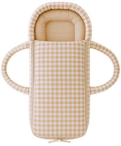 Love & Lullabies Portable Baby Lounger Nest Gingham Design | Soft Breathable Travel-Friendly Newborn Lounger with Handles (Natural Beige)