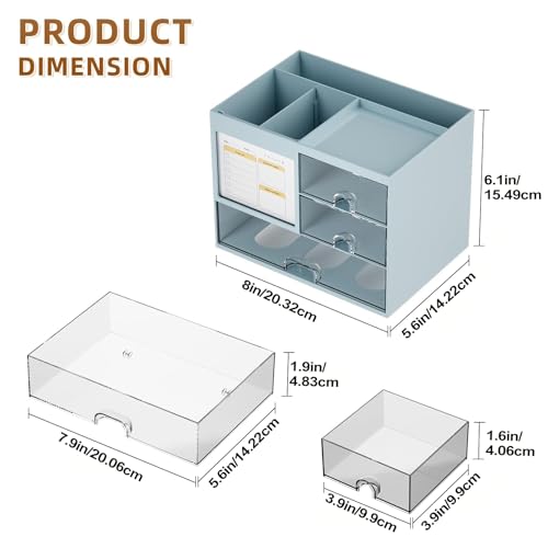 Marbrasse Organizador Escritorio con 3 Cajones,Portalapices Gran Capacidad,Organizador Oficina con 4 Compartimentos y Accesorios,Almacenaje Escritorio para Oficina,Casa y Escuela (Azul) - imagen 3