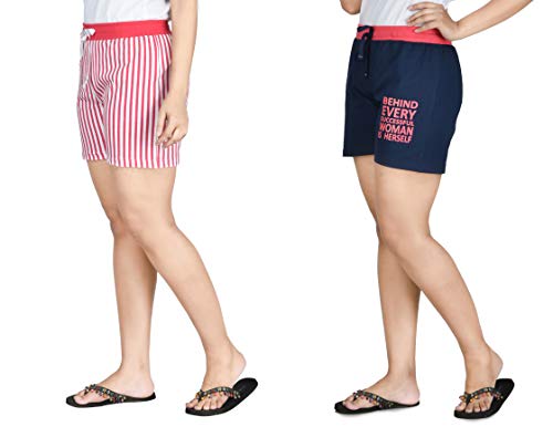 Image of Club A9 Women's Cotton Printed Shorts | Short Pants | Hot Pants (Pack of 2) (M, Pink Stripe, Navy Blue)