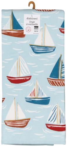 Image of Now Designs Windward Collection Cotton Dishtowel, Nautical Red /White /Blue, 18x28in, Sea Breeze & Sailboat Print