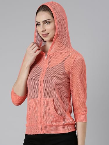 Image of SHOWOFFFF Women Solid Front-Open Jacket | Hooded Full Sleeves Net Jacket's for Womens | Coral Regular Fit Regular Length Jackets for Women's