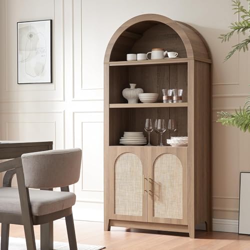 RowyPoey Rattan Arched Cabinet Bookshelf - 69.3” Tall Mid Century Display Cabinet, Rounded Bookcase with Rattan Doors, Open Shelf Storage for Dining Room (Caramel Oak, 1 PC)
