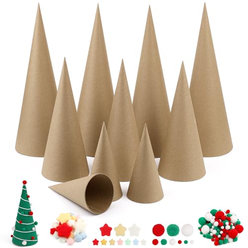 10 PCS Paper Mache Cones 3 Sizes - 4 PCS 13.75 x 5 3PCS 10 x 4 3PCS 5.9 x 2.75 Thick Open Bottom Cardboard Cones for Crafts Christmas Tree Gnomes Ornaments Home DIY Art Decorations