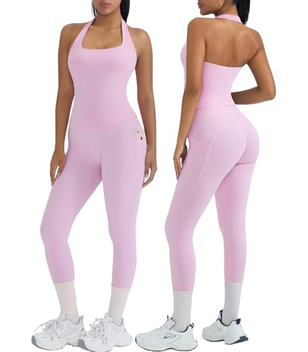 OMKAGI 2 Piece Workout Sets for Women Halter Tops Booty Leggings with Pockets Gym Outfits(XS,460-Light Pink)
