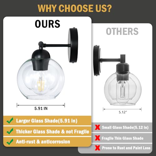 Image of Black Bathroom Light Fixtures, 2 Light Bathroom Vanity Light with Globe Glass Shades, Modern Farmhouse Vanity Lights Over Mirror, Matte Black Wall Lights for Bedroom Restroom, E26 Socket