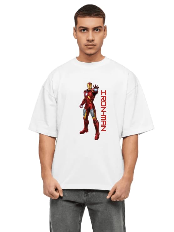 GenericMakeitbharat 100% Cotton Men's White Oversized T Shirt Ironman print