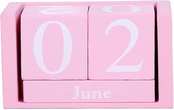 Vpang Vintage Wood Perpetual Calendar Shabby Chic Blocks Desktop Calendar Rustic Wooden Cubes Calendar Home Office Decoration Pink