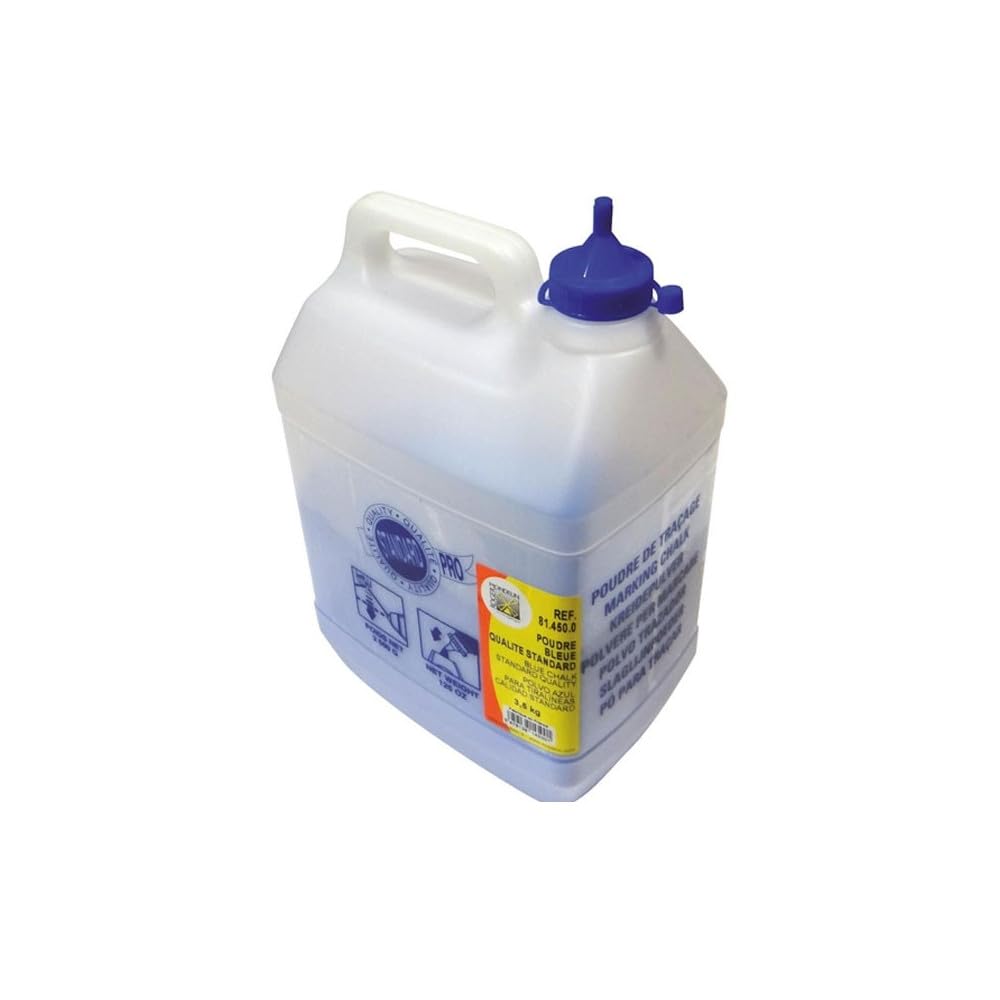 Poudre à tracer bleue – Bidon translucide avec bouchon verseur, compatible cordeaux, idéale maçonnerie, charpente, couverture. Usage intérieur/extérieur, excellente résistance aux intempéries.