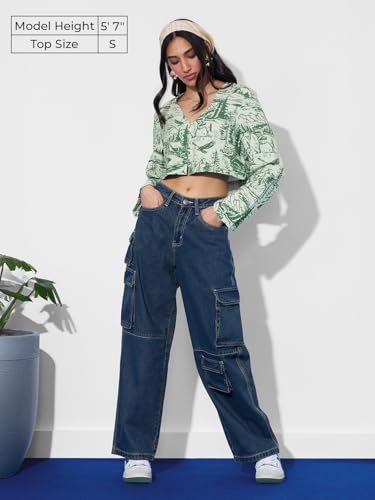 Image of The Souled Store Crop-Top: Green Forest Women and Girls Long Sleeves V Neck Button Front Green All Over Printed Viscose Blend Regular Fit Cropped Tops