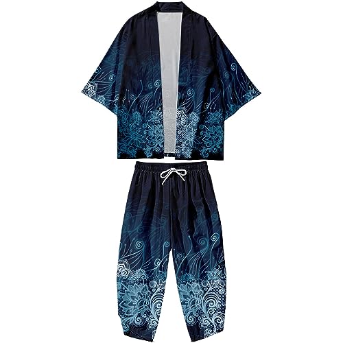 Image of DOSLAVIDA Men's Japanese Kimono Cardigan Suit Chinese Style Printed Jacket Pants Set Open Front Seven Sleeve Top & Shorts