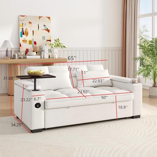 Image of Dreamzie 65'' Convertible Sleeper Sofa Bed with 90 Swivel Side Table, Chenille Pull Out Couch for Living Room, Loveseat Sleeper with Hidden Storage Space | Charging Port | Cup Holders, Beige