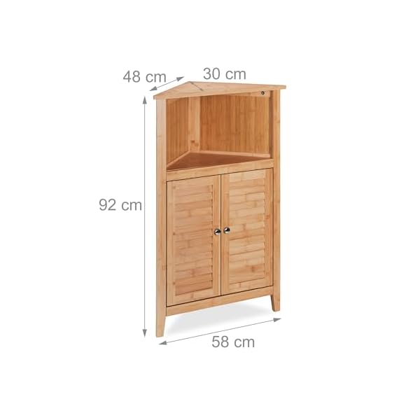 Relaxdays Eckschrank, Bambus, HxBxT: 92 x 58 x 30 cm, Badschrank mit 2 Lamellentüren, Eckkommode für Bad & Küche, Natur – Bild 4