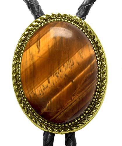 Image of Moranse Bolo Tie with Natural Tiger Eye Stone Celtic Style Genuine and Cowhide Rope