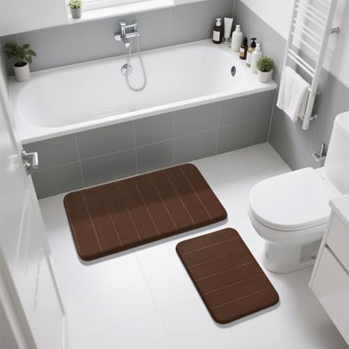 Image of Yimobra 2 Pieces Memory Foam Bath Mat Sets, 17x24+44.1x24 Inches for Bathroom Rugs, Toilet Mats, Non-Slip, Soft Comfortable, Water Absorption, Machine Washable (Brown, 17 inchx24 inch+31.5 inchx19.8 inch)