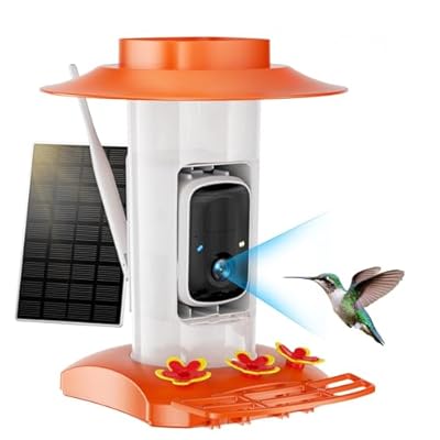 Hummingbird Feeder with Camera for Outdoors, 2K Solar Powered Smart Bird Feeder with Ant Moat & Bee Guard, Auto Capture, AI Recognition, Gift for Family & Friends(21 oz) (Orange)