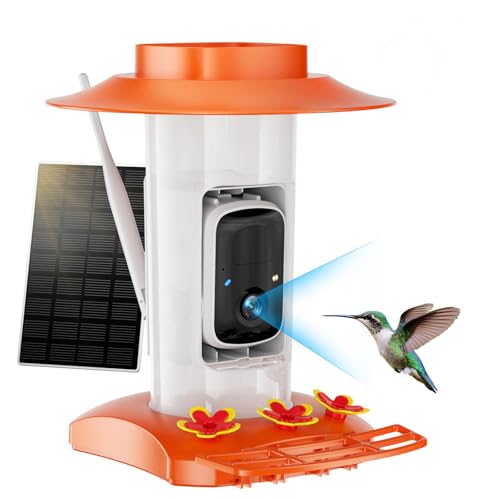 Hummingbird Feeder with Camera for Outdoors, 2K Solar Powered Smart Bird Feeder with Ant Moat & Bee Guard, Auto Capture, AI Recognition, Gift for Family & Friends(21 oz) (Orange)