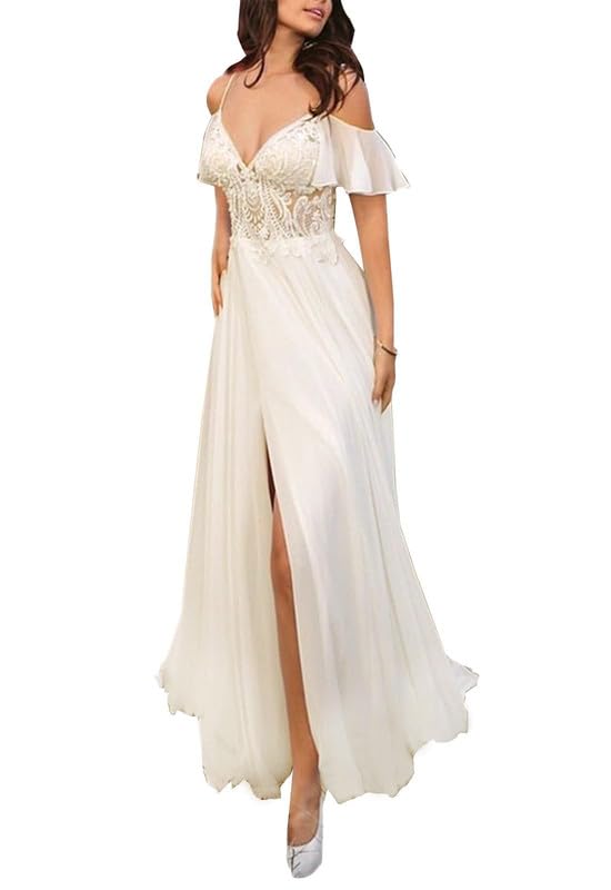 SEVENYXX Damen Bohemian Brautkleid Strand Brautkleid Offener Rücken Brautkleid, Elfenbein, 40