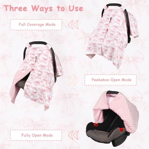 Image of Baby Car Seat Cover, Soft Minky Warm Winter Car Seat Canopy for Infants & Toddlers, Opening with Adjustable Strap, Breathable Nursing Cover & Stroller Blanket, Bow Flowers (Fits Most Car Seats)