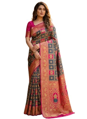 Image of C J Enterprise Women's Kanjivaram Silk Saree Woven Patola Banarasi Soft Sarees Zari With Blouse Piece (Hathi Patola)