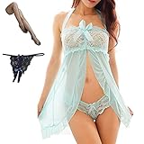 OLYOLY【4点セット】大きいサイズ セクシー コスプレ 下着 ベビードール XL 透ける お姉さん 過激 ニーハイ 穴あき Tバック (05 青)