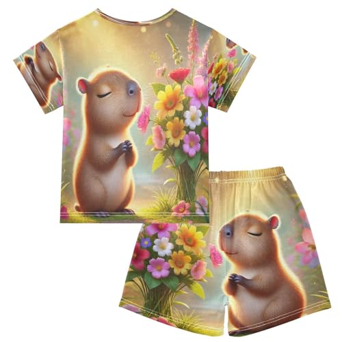 Capybara Flowers Pajama Set Short Sleeve Pajamas Shorts Sets Cotton PJS 2 Piece Clothes Set 5Y2