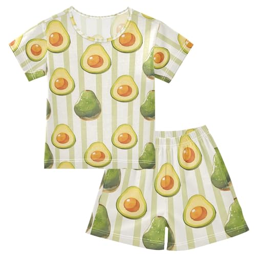 ALAZA Cartoon Avocado Striped Green Pajamas Set Short Sleeve Cotton Sleepwear Summer Pjs 2 Piece 5-14Y