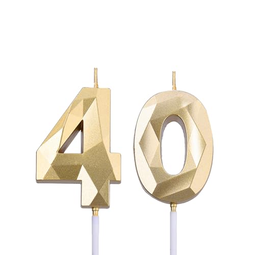 2 inch Gold 40 Birthday Candles, 3D Diamond Number 40 Cake Topper for Men Women Birthday Party Decorations Theme Party