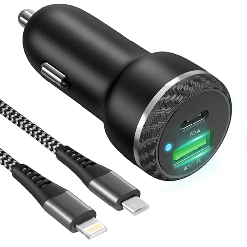 Caricatore Auto USB C con Cavo Lightning per iPhone 14 Pro Max/13/12/11/SE/XR/XS, Adattatore Accendisigari USB C PD&QC 3.0 Ricarica Rapida Caricabatterie Auto Accendisigari Caricatore Auto iPhone
