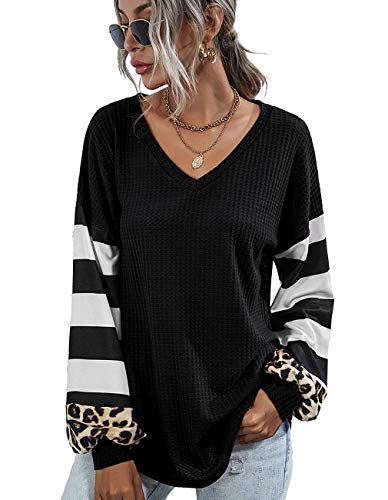 Youdiao Womens V Neck Tops Long Sleeve Shirts Waffle Knit Blouse Casual Loose Oversized Pullover Sweatshirt Black M