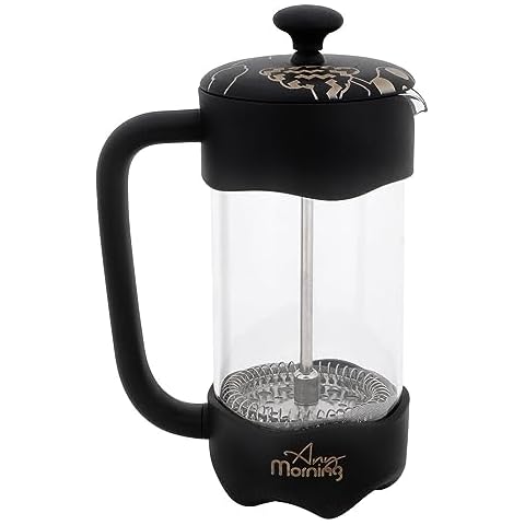 Any Morning French Press Coffee Maker,Tea & Coffee Press with Triple Stainless Steel Filter, small french press Coffee Brewer for Camping and Travel, Borosilicate Glass, 11 Oz, Black Cover
