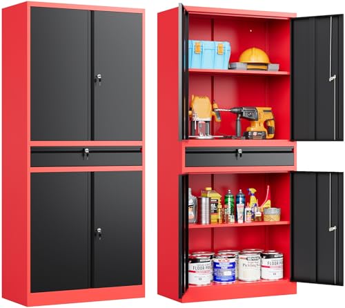 Image of SISESOL Metal Storage Cabinet with Drawer and Lock,Garage Storage Cabinet with Locking Doors and Shelves,71 inch Black Red Metal Cabinets,Lockable Steel Tool Cabinets for Garage,Home,Office,Shop