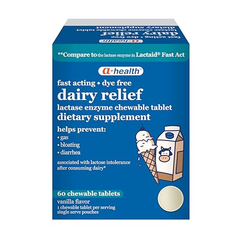 A+Health Dairy Relief Lactase Enzyme 9000 FCC Chewable Tablets 60 Count Fast Acting Dye-Free Dietary Supplement Vanilla Flavor Single Serve Pouches for Adults and Children 4 Years and Up