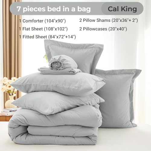 MUXHOMO 7 Pieces California King Comforter Set, Soft Bed in a Bag Cal King Size, All Season Bedding Set with Comforter, Flat Sheet, Fitted Sheet, Pillowcases & Shams, Light Grey