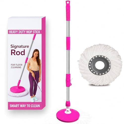 Image of Heavy Duty Stainless Steel Mop Stick with 360 Degree Swivel Head, Extendable Long Handle with Replacement Mop Pole for Floor Cleaning- Royal Pink