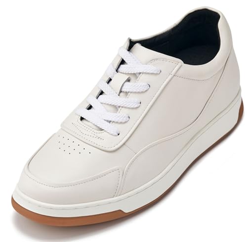 CALTO Men's Invisible Height Increasing Elevator Shoes - White Premium Leather Leather Lace-up Fashion Sneakers - 2.6 Inches Taller - Y7886 - Size 9 D(M) US