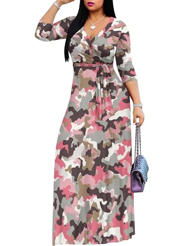 Image of Plus Size Dresses for Women Print Maxi Dresses 3 /4 Sleeve with Belt