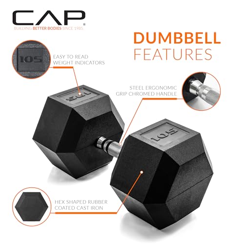 Image of CAP Rubber Coated Dumbbell Weights, Free Weights for Home Gym Strength Training, Anti-Roll Hex Dumbbells with Black, Chrome & Comfort Grip Handles, Singles